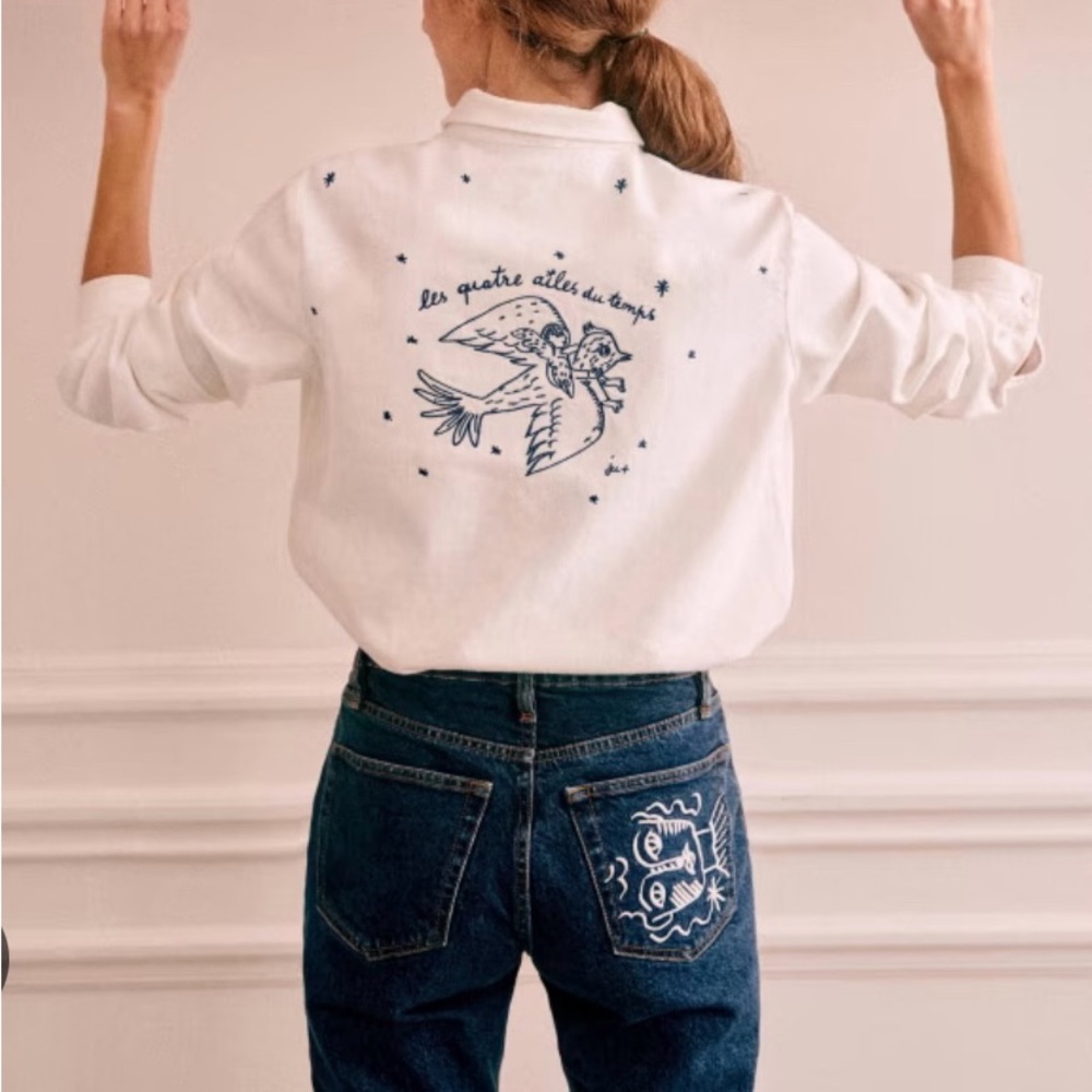 Sezane Blue Jeans with White Embroidery